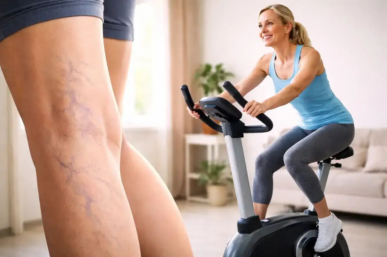 Kobieta ćwiczy na rowerku stacjonarnym, poprawiając krążenie i walcząc z żylakami.