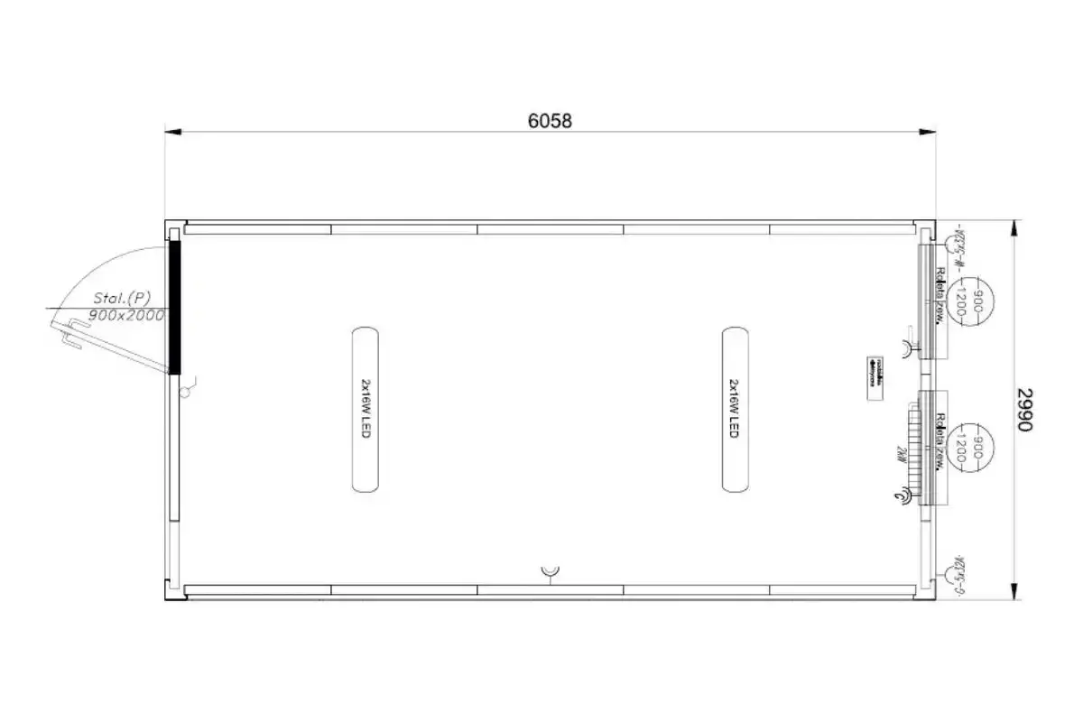 Rzut kontenera biurowego 6058x2990 mm. Wymiary drzwi 900x2000 mm, oświetlenie 2x16W LED.