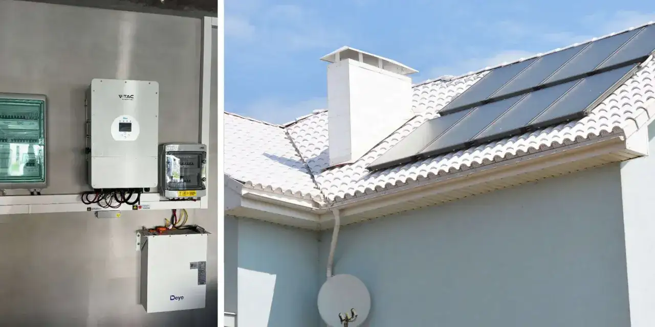 System do magazynowania energii elektrycznej w domu: panele słoneczne na dachu i urządzenia do zarządzania energią na ścianie.