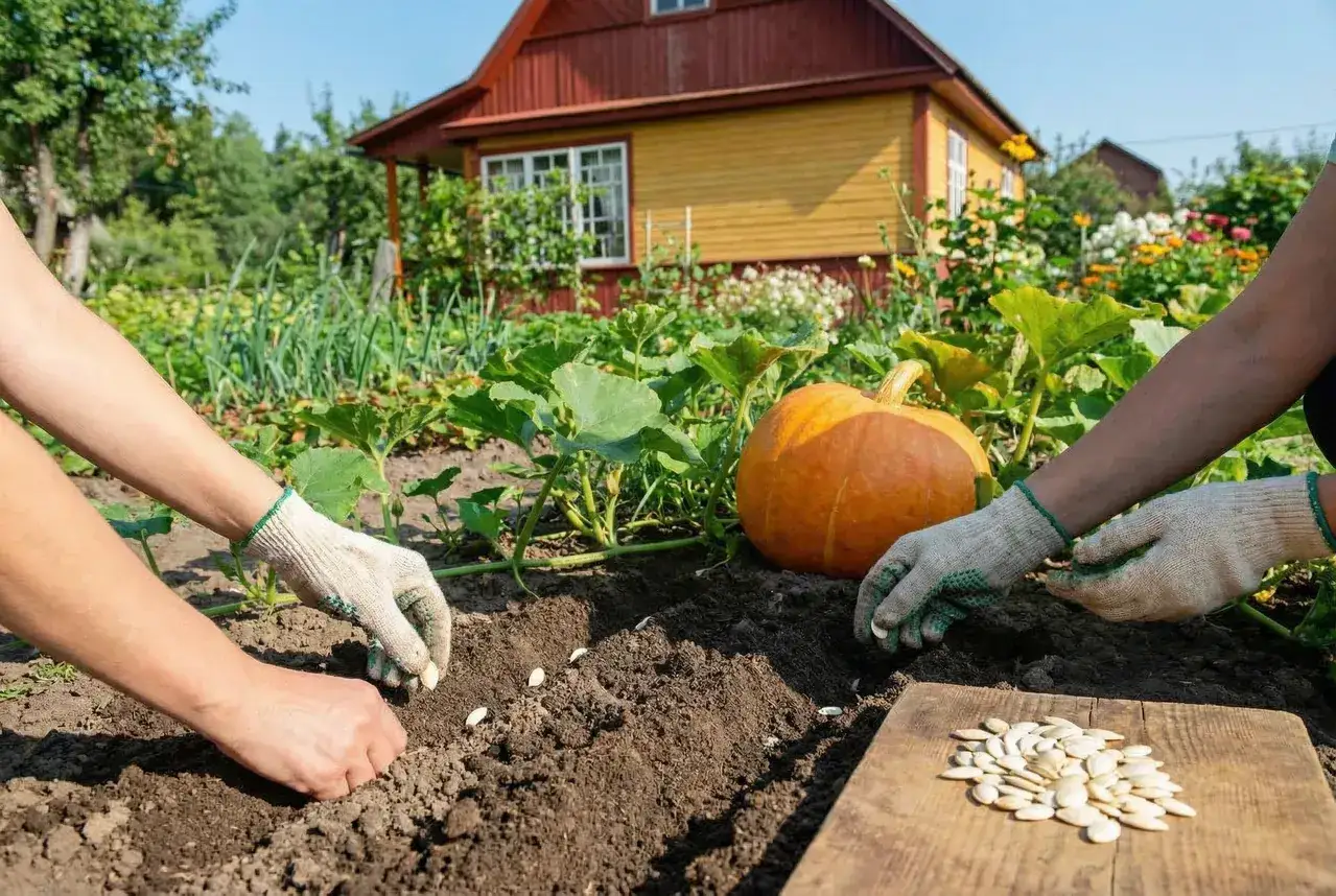 Ręce w rękawiczkach sadzą nasiona dyni do gruntu. Obok leży duża, pomarańczowa dynia. W tle dom i ogród.
