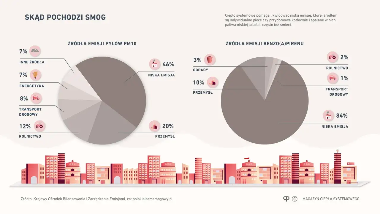 Dwa wykresy kołowe pokazujące źródła emisji pyłów PM10 i benzo(a)pirenu w Polsce.