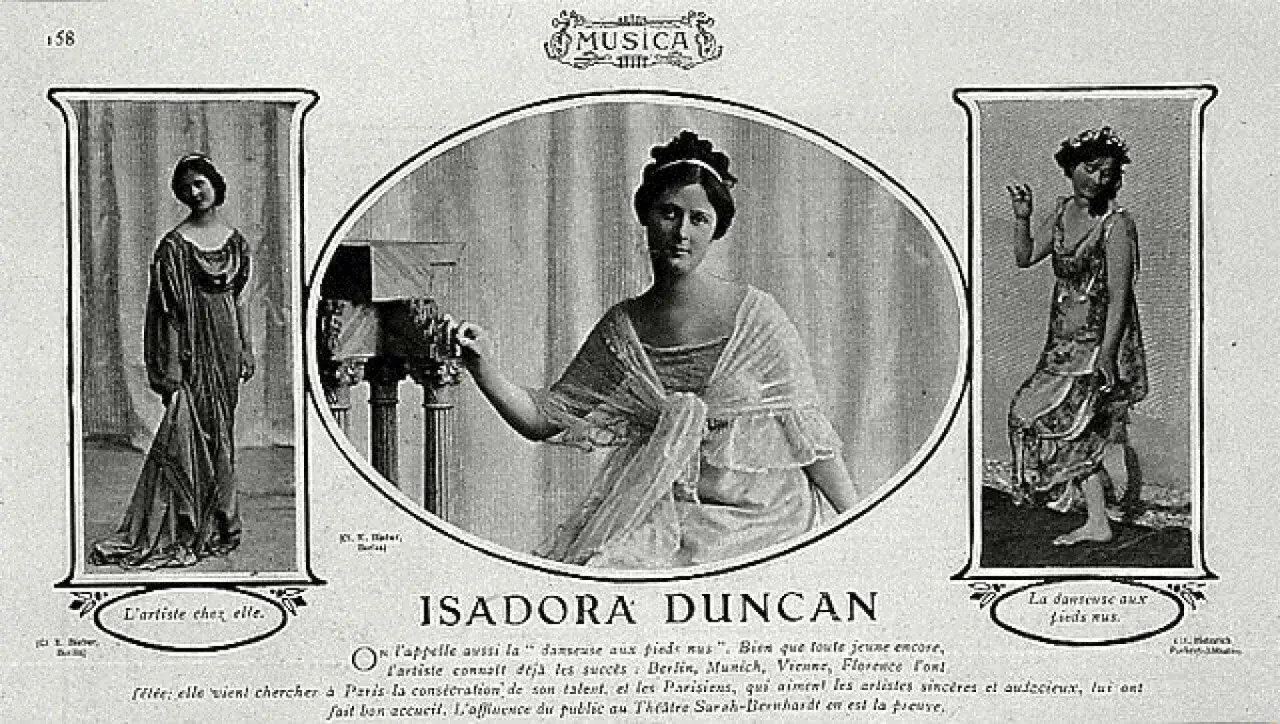 Isadora Duncan, tancerka boso, w trzech odsłonach: w domu, w pozie i w ruchu.