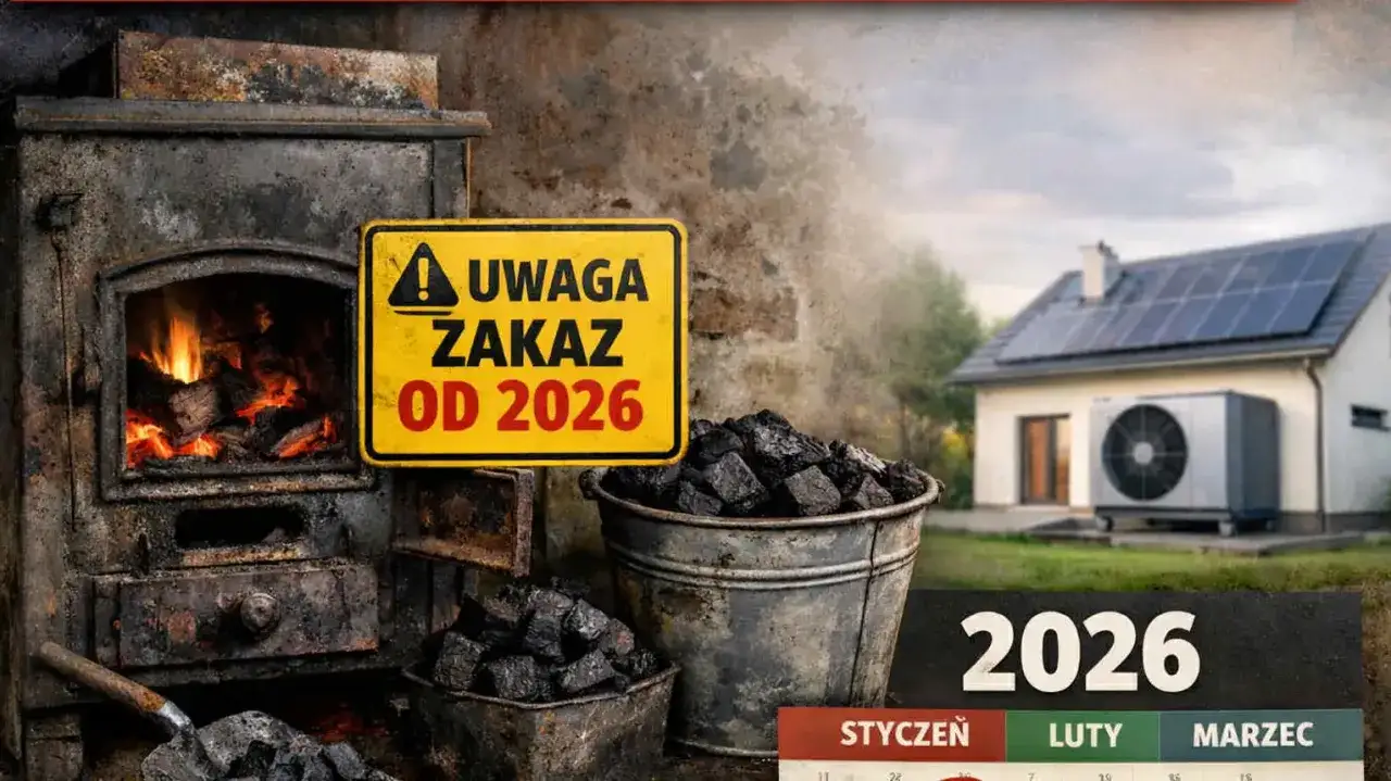 Stary piec i węgiel kamienny obok znaku "Uwaga zakaz od 2026". Nowoczesny dom z panelami słonecznymi w tle. Czy w kominku można palić węglem kamiennym?