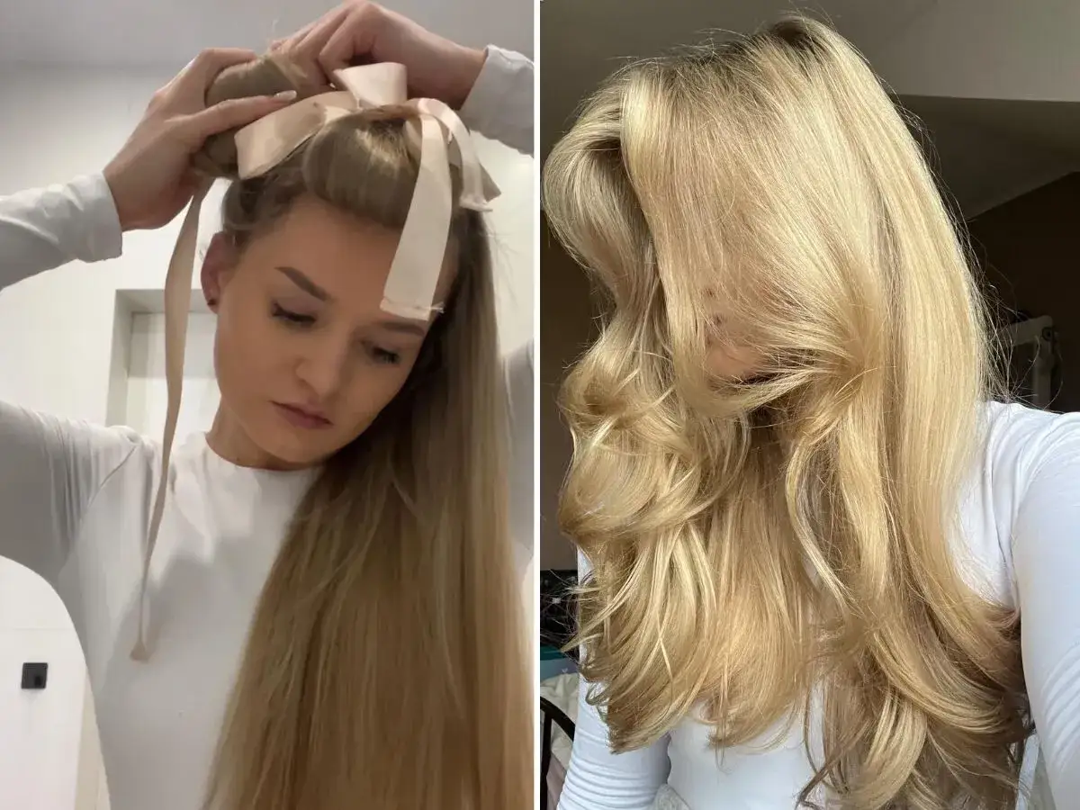 Blondynka z falowanymi włosami po trwałej układa je za pomocą wstążki. Efekt: bujne loki.