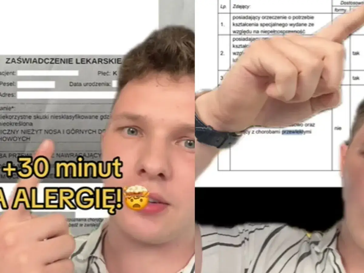 Młody mężczyzna pokazuje zaświadczenie lekarskie, sugerując wydłużony czas na maturze z powodu choroby, np. alergii.