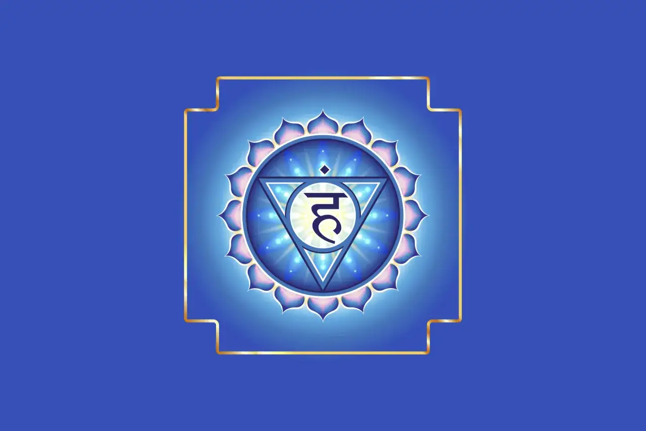 Symbol czakry gardła: niebieski kwiat lotosu z symbolem sanskrytu w trójkącie.