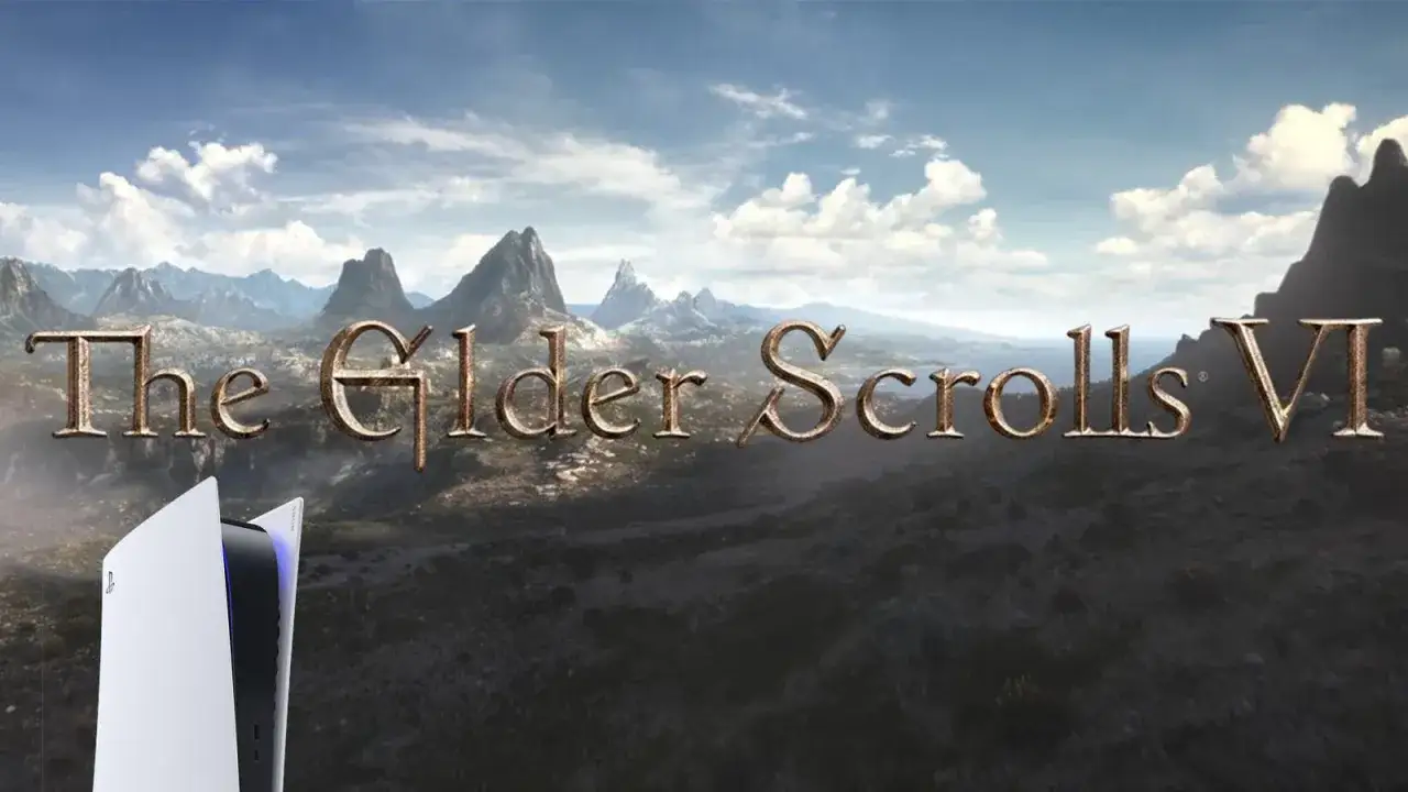 Góry i chmury w tle, z napisem "The Elder Scrolls VI" i konsolą PlayStation 5.