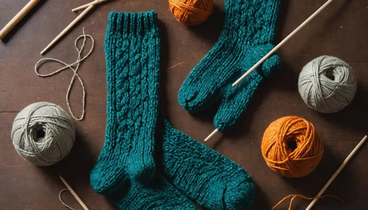 Piękne, turkusowe skarpetki na drutach z warkoczowym wzorem, otoczone kłębkami szarej i pomarańczowej włóczki oraz drutami.