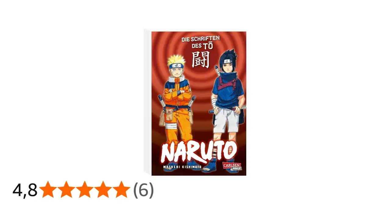 Naruto und Sasuke stehen vor einem roten Hintergrund. Naruto trägt seine orangefarbene Kleidung, Sasuke seine blaue.