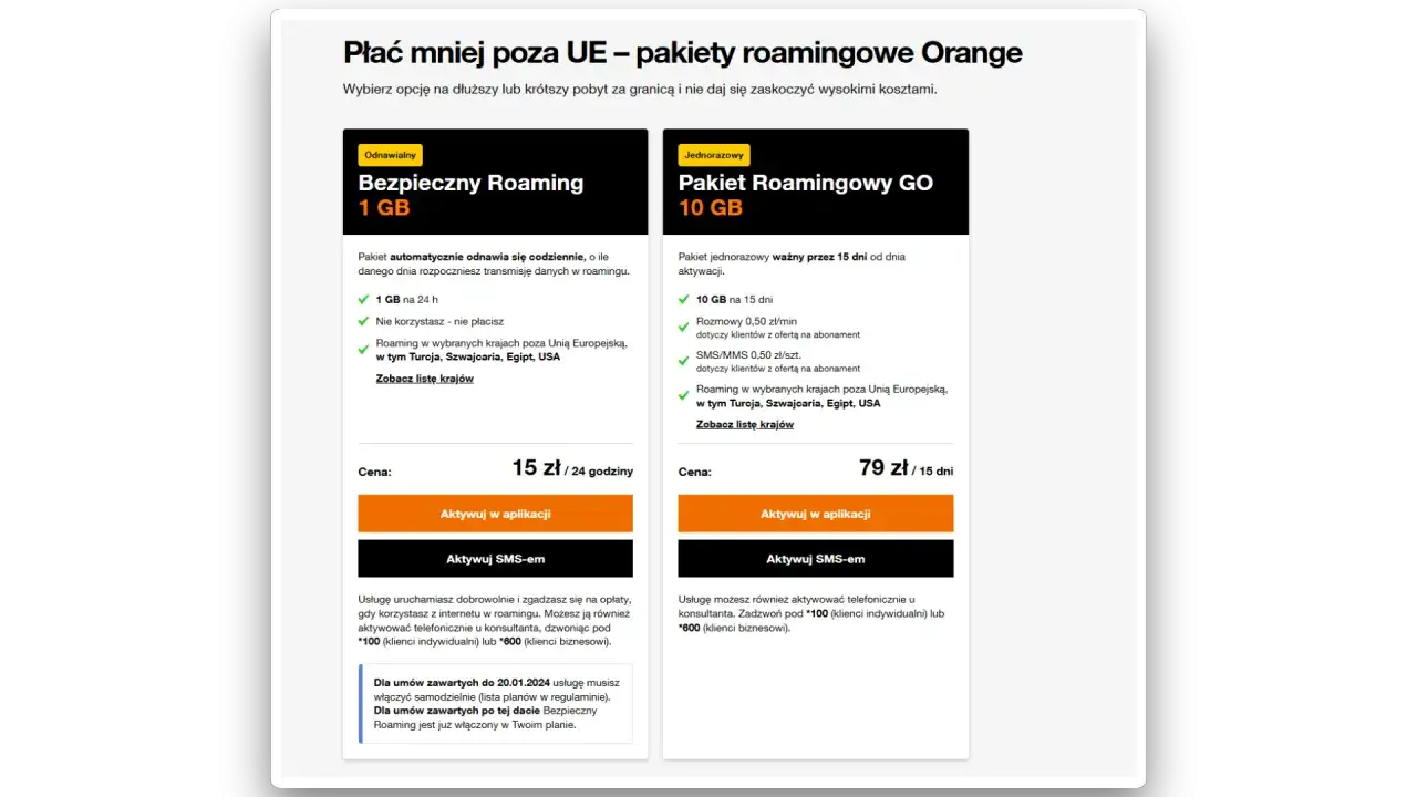 Dwa pakiety roamingowe Orange: "Bezpieczny Roaming" 1 GB za 15 zł/24h i "Pakiet Roamingowy GO" 10 GB za 79 zł/15 dni.