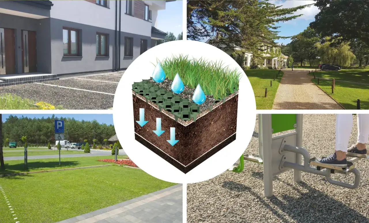 Montaż geokraty na skarpy i podjazdy. Woda przenika przez trawę i kratkę, stabilizując podłoże.