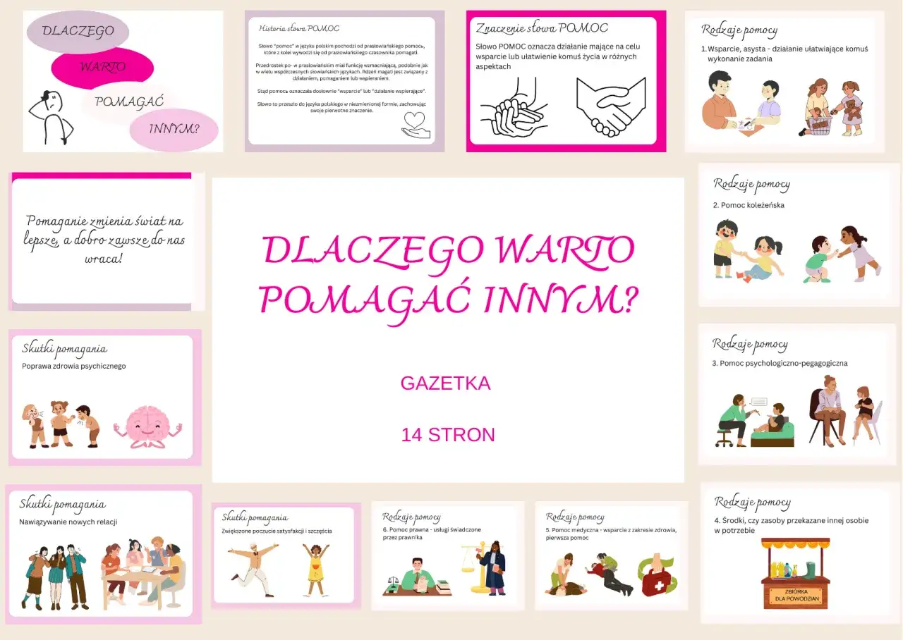 Ilustracje przedstawiające różne rodzaje pomocy i jej skutki, z centralnym hasłem "Dlaczego warto pomagać innym?".