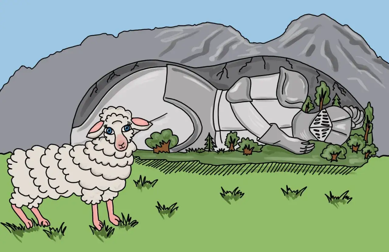 Owca patrzy na śpiącego rycerza, którego zbroja zrasta się z górami. To scena z legendy o śpiącym rycerzu.