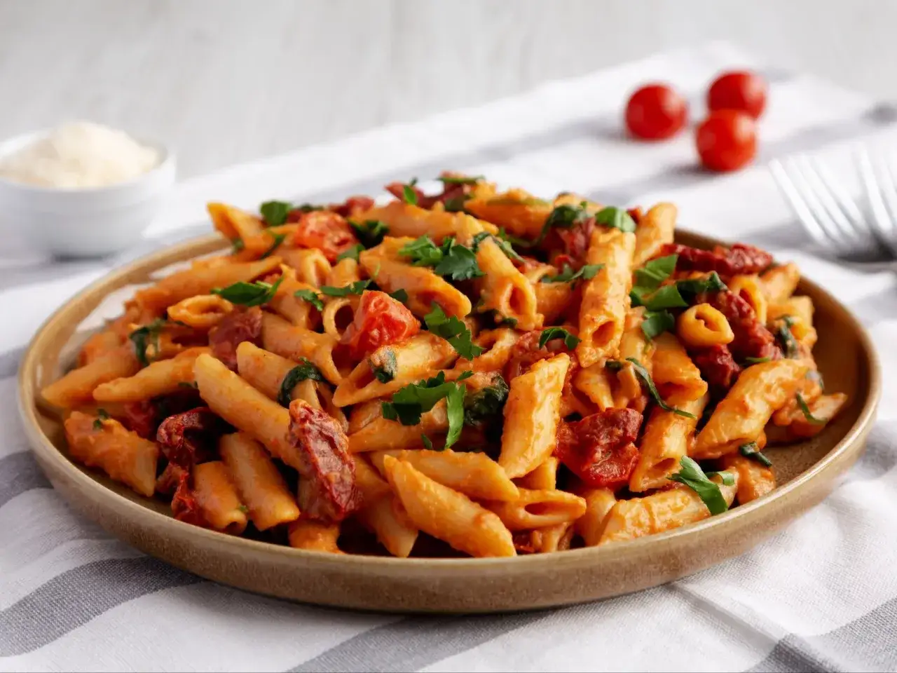 Talerz penne z sosem pomidorowym, suszonymi pomidorami i natką pietruszki.