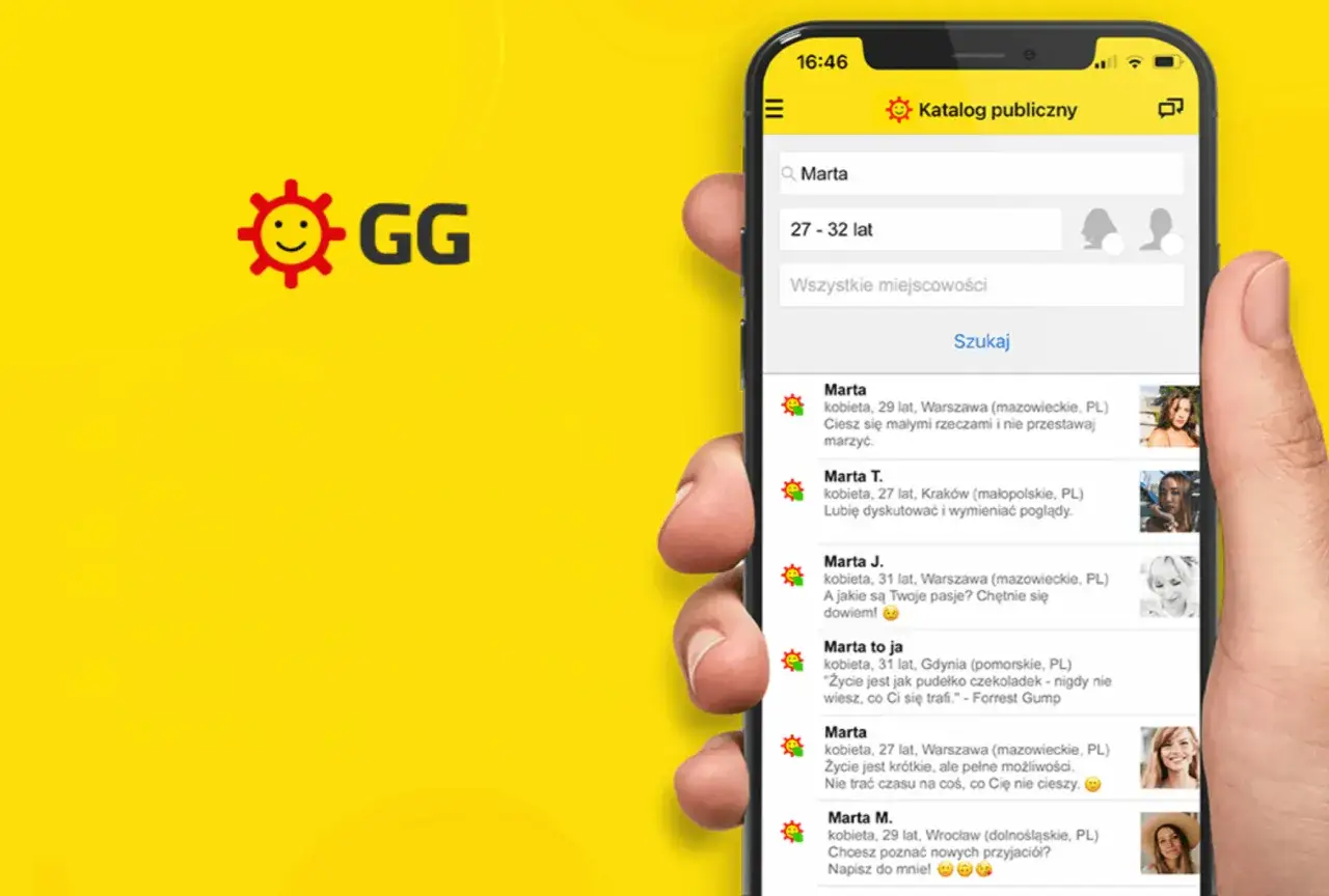 Jak zainstalować gg? Aplikacja GG na telefonie pokazuje listę użytkowników o imieniu Marta, z ich wiekiem i lokalizacją.