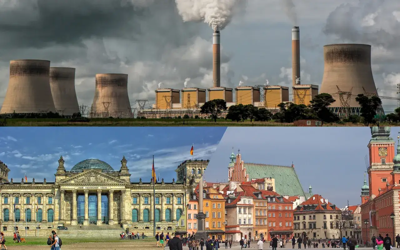 Miks energetyczny Niemiec: chłodnie kominowe elektrowni i budynek Reichstagu w Berlinie.