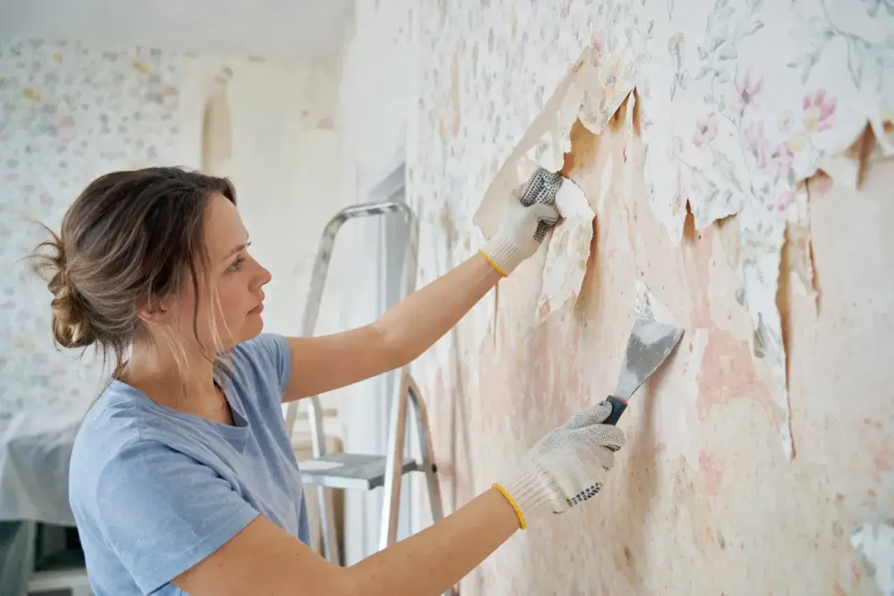 Kobieta w rękawiczkach zeskrobuje starą tapetę. Zastanawia się, czym podkleić nową, by dobrze trzymała się ściany.