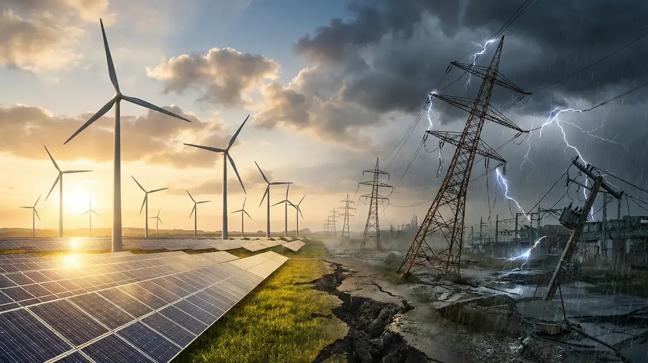 Kontrastowa wizja energetyki w Niemczech: słoneczne farmy i wiatraki po lewej, zniszczone linie energetyczne i burza po prawej.