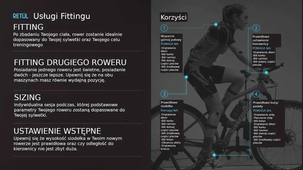 Kobieta na rowerze podczas sesji bike fitting. Dopasowanie roweru do ciała poprawia komfort i zapobiega bólom.