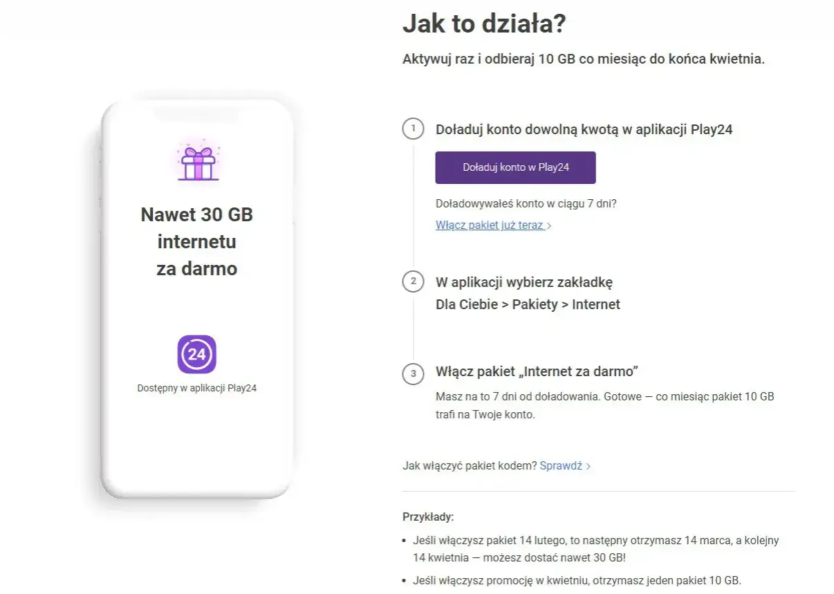 Grafika telefonu z napisem "Nawet 30 GB internetu za darmo" i ikoną Play24.