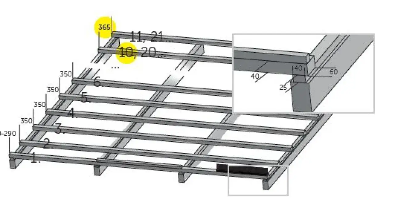 Schemat konstrukcji dachu z zaznaczonymi wymiarami łat i krokwi.