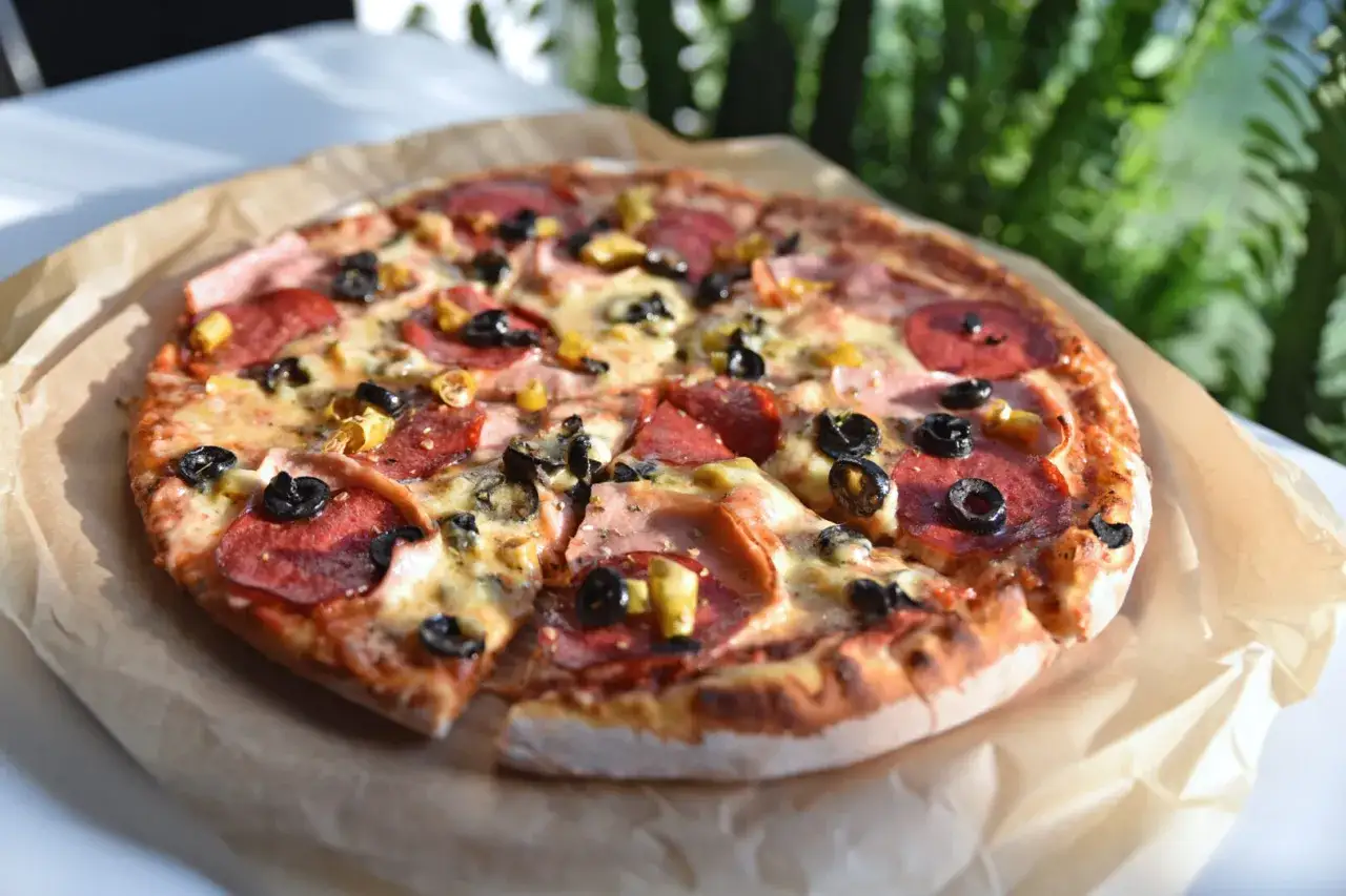 Pizza z salami, oliwkami i ananasem. Idealne jakie przyprawy do pizzy? Oregano i bazylia!