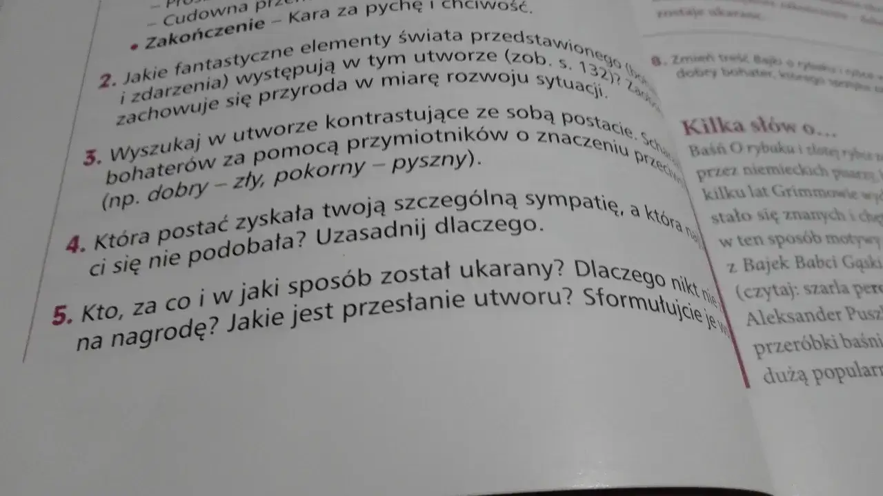 Zadania do baśni o rybaku i złotej rybce: analizuj fantastyczne elementy, kontrastujące postacie i morał utworu.