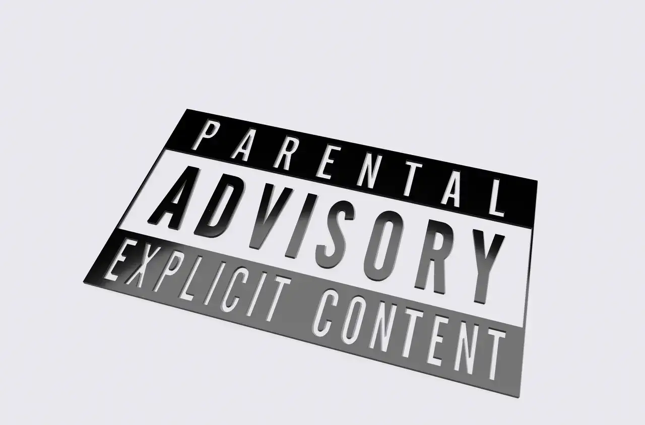 Naklejka "Parental Advisory Explicit Content" ostrzega przed treściami nieodpowiednimi dla dzieci. To znak, że zawartość jest "awesome" i może zawierać mocne słownictwo.
