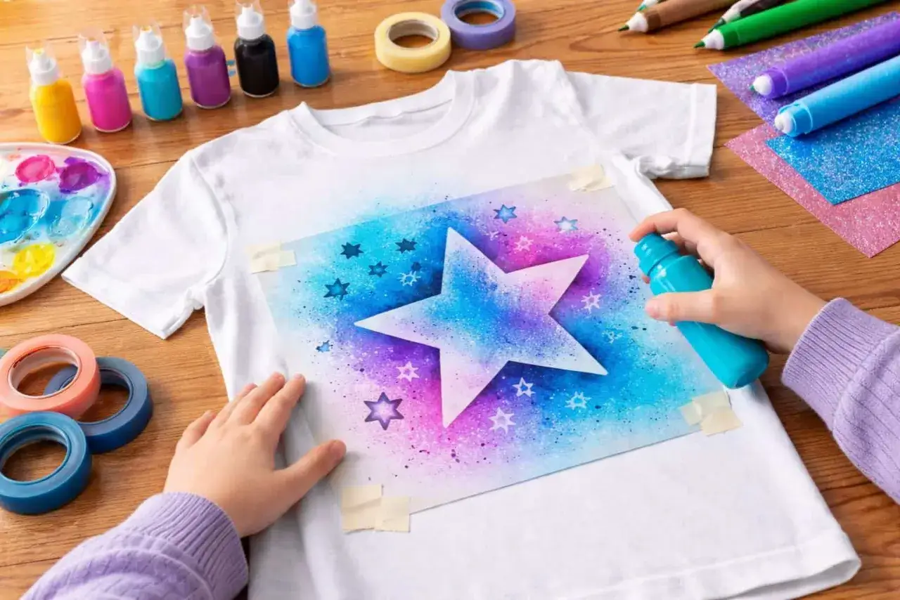 Dziecko tworzy wzór gwiazd na koszulce, używając sprayu do malowania na tkaninie.