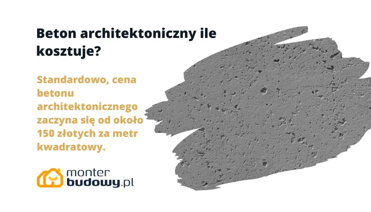 Szary beton architektoniczny z widocznymi porami i tekstem informującym o cenie.