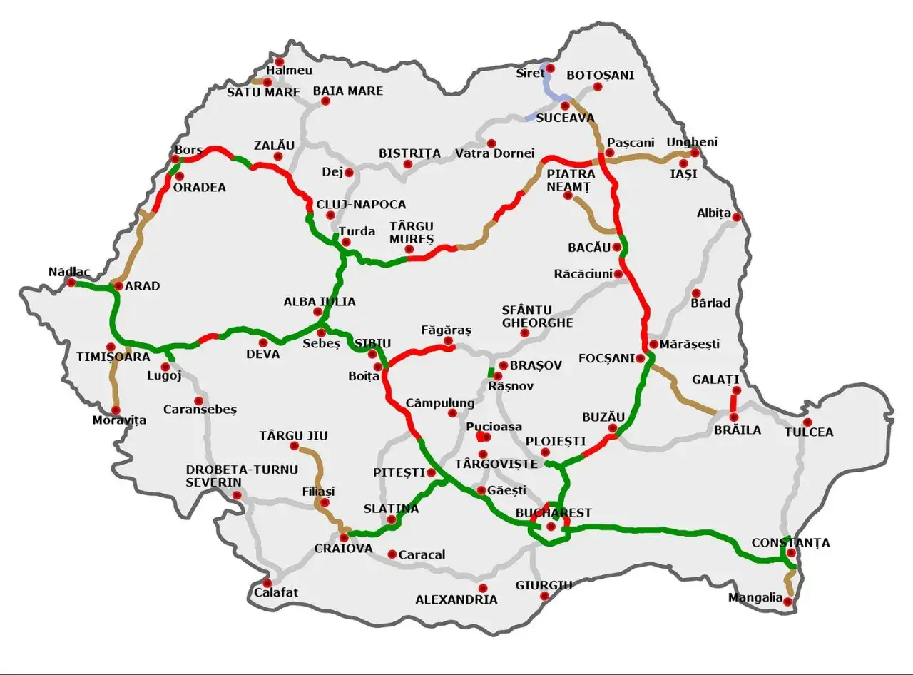 Mapa Rumunii z zaznaczonymi drogami. Czerwone odcinki mogą oznaczać problemy, np. karę za brak winiety.