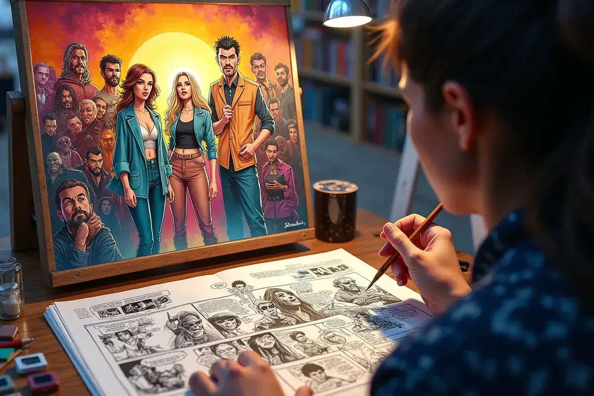 Artysta rysuje komiks, patrząc na kolorowy szkic postaci na sztaludze.