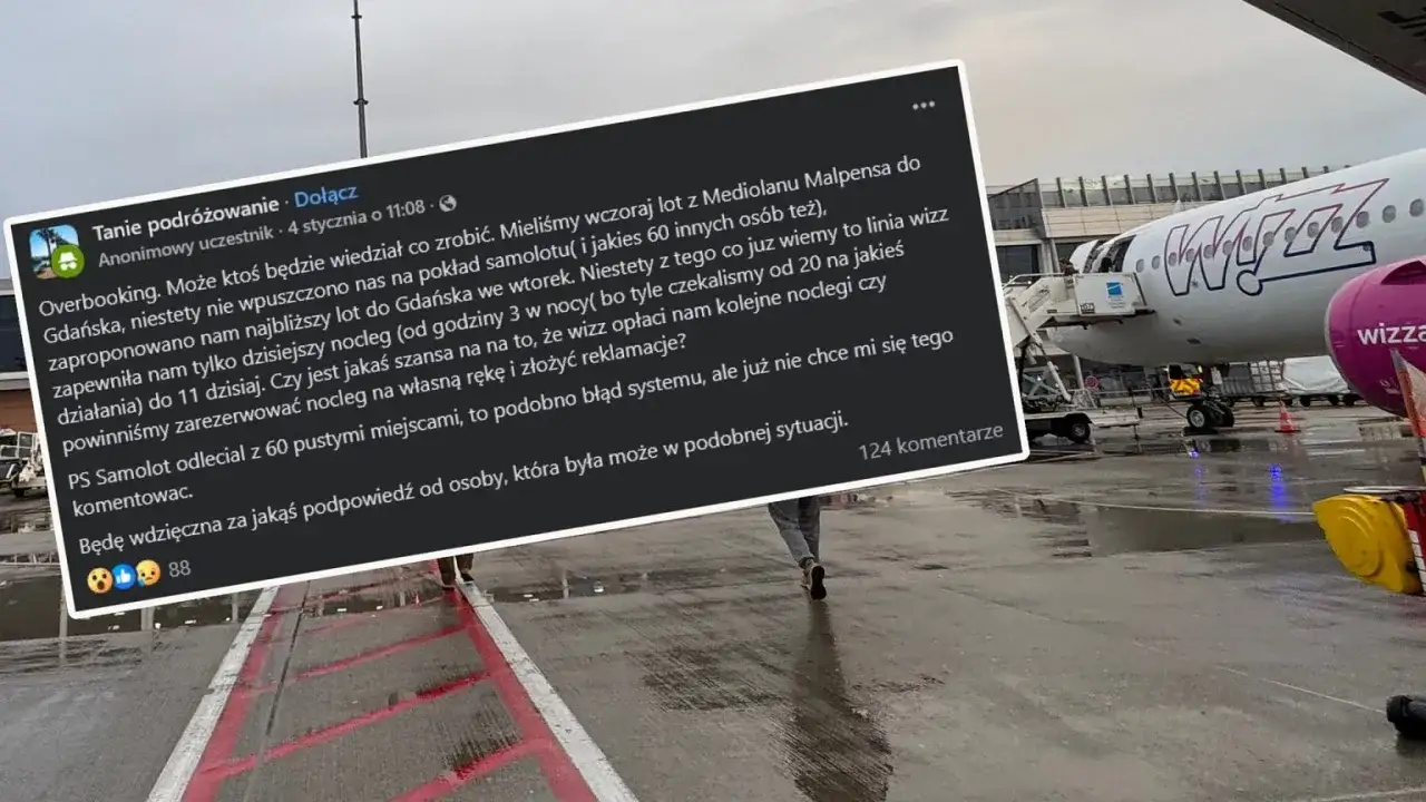 Samolot Wizz Air na płycie lotniska, schody ewakuacyjne i fragment wpisu o overbookingu.