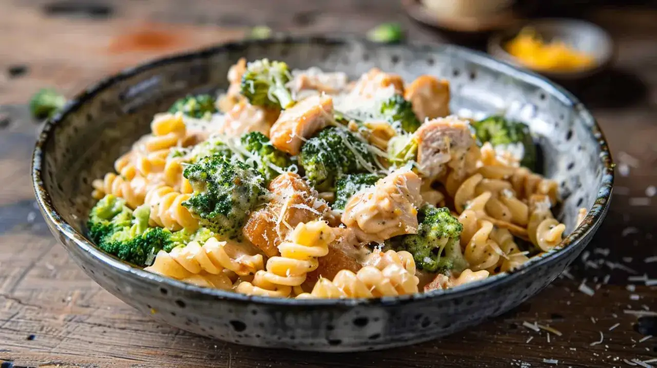 Kurczak w sosie brokułowo-serowym z makaronem i tartym parmezanem