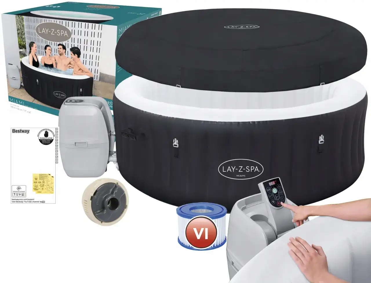 Nadmuchiwana wanna Lay-Z-Spa Miami z akcesoriami: pompą, filtrem i pokrywą.