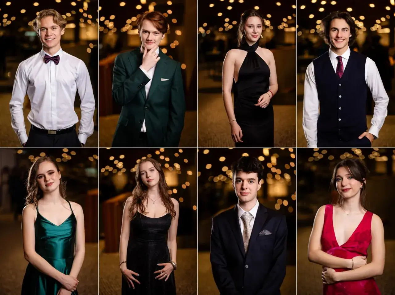 Portrety młodych ludzi w strojach galowych na tle światełek.