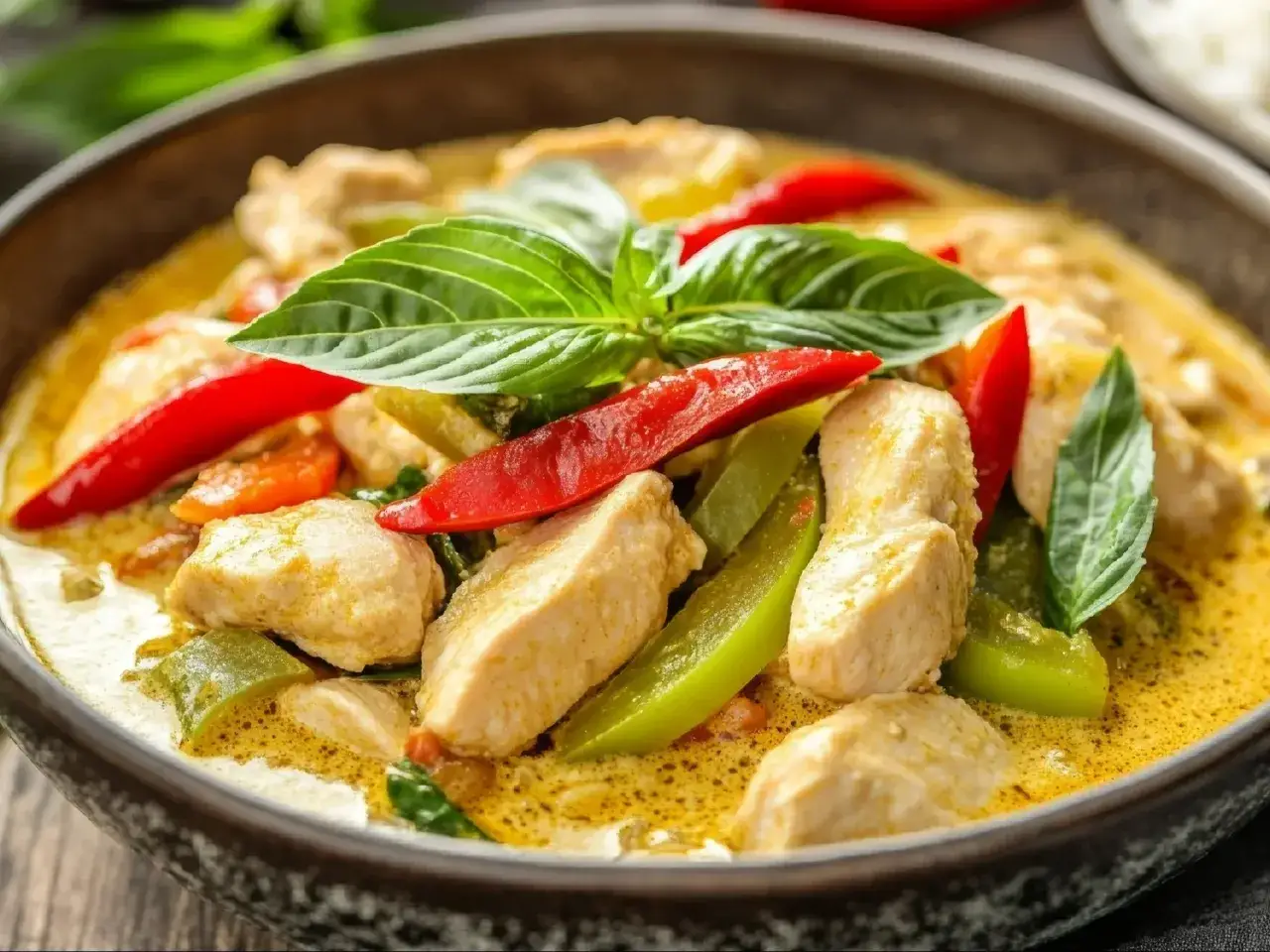 Aromatyczny curry z kurczakiem, z papryczkami chili i bazylią, w misce. Idealne danie, gdy masz ochotę na coś innego niż stir-fry z wołowiną.