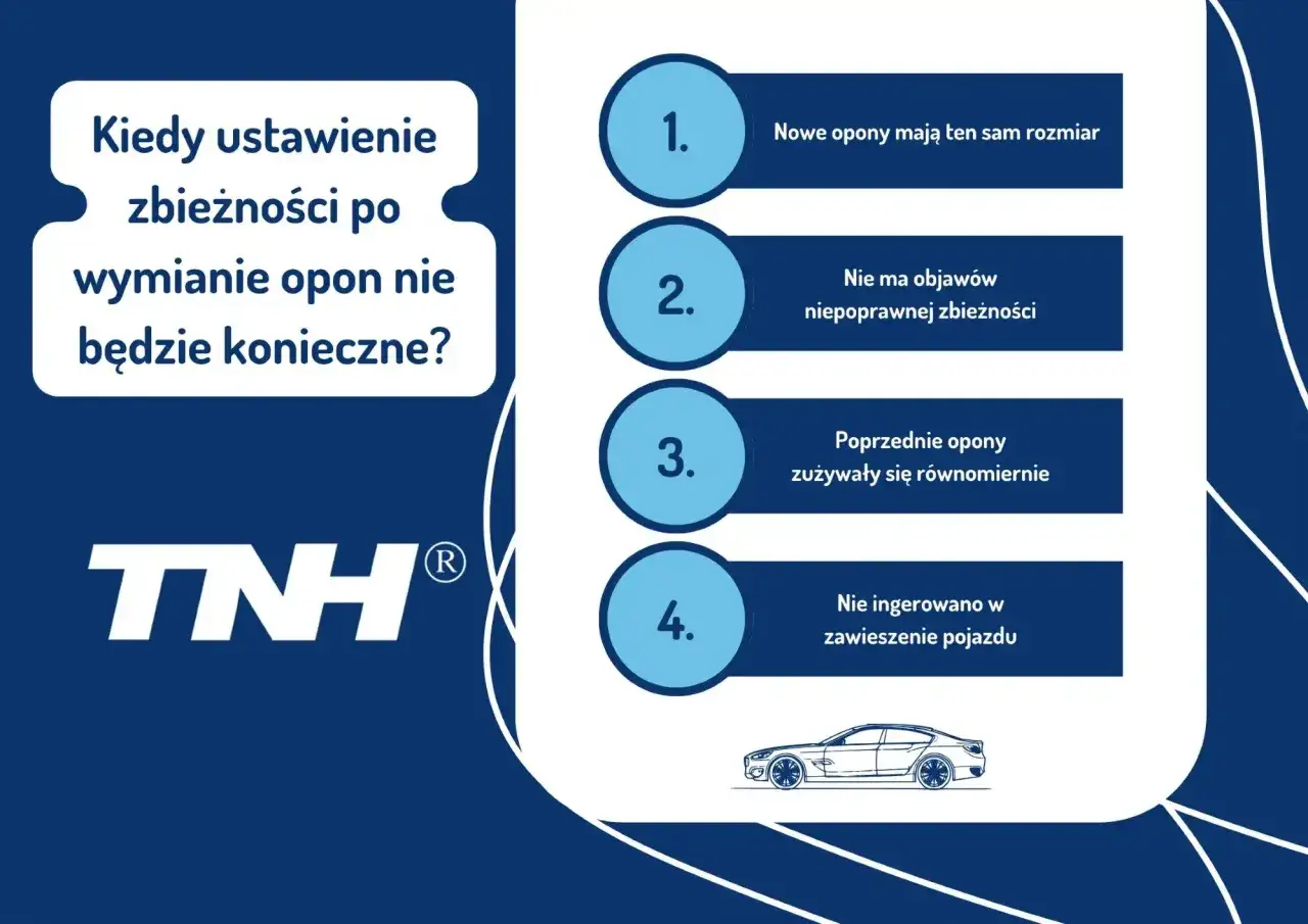 Kiedy ustawienie zbieżności po wymianie opon nie będzie konieczne? Nowe opony tego samego rozmiaru, brak objawów nieprawidłowej zbieżności, równomierne zużycie poprzednich opon, brak ingerencji w zawieszenie.