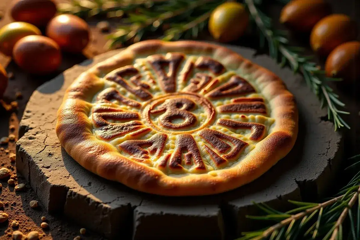 Oto pizza z napisem "Skąd pochodzi pizza", ozdobiona ziołami i jajkami.