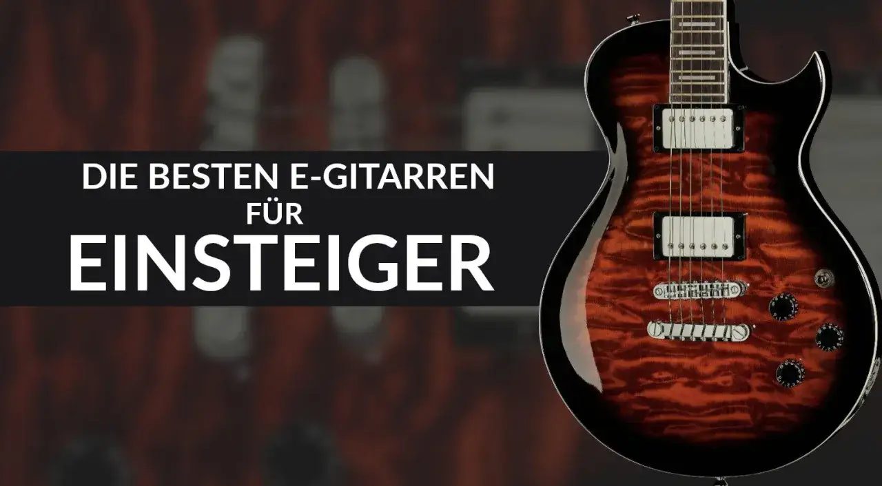 E-Gitarre mit Flammenmuster und Text "Die besten E-Gitarren für Einsteiger".