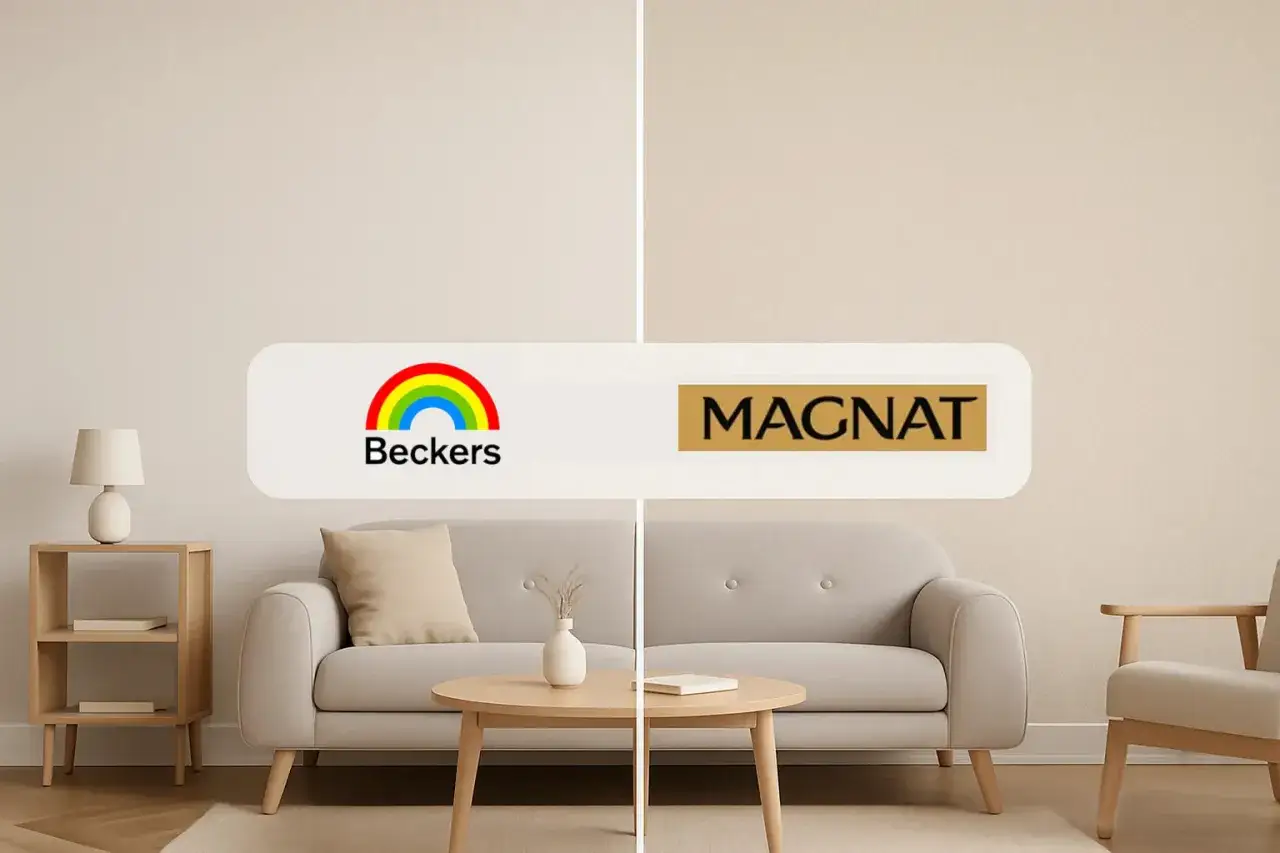 Dwa wnętrza salonu, jedno z logo Beckers, drugie z logo Magnat. Które wybierasz?