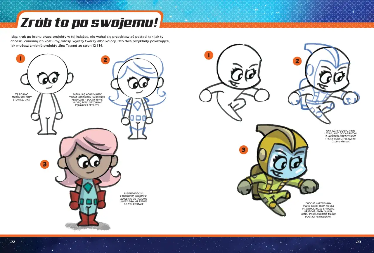 Instrukcja jak narysować komiks świąteczny: szkice postaci, od prostych głów po pełne stroje. Eksperymentuj z kolorami i dodatkami!