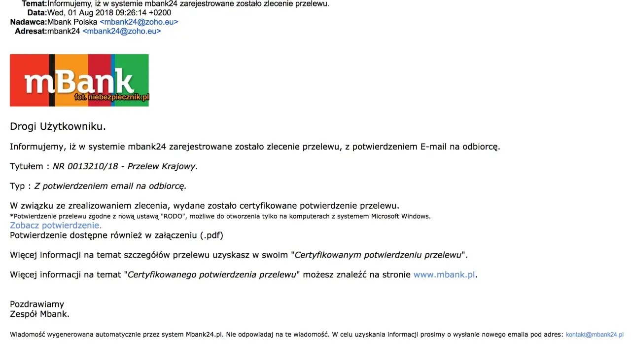 Potwierdzenie przelewu z mbank24, kiedy zostało zarejestrowane zlecenie. Zobacz potwierdzenie.