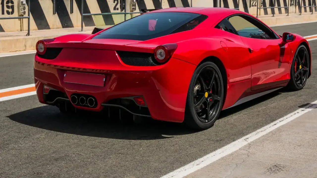 Czerwone Ferrari 458 Italia na torze wyścigowym, widok z tyłu.
