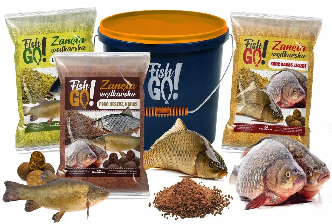Zestaw zanęty wędkarskiej Fish Go! z różnymi rodzajami ryb i wiaderkiem.