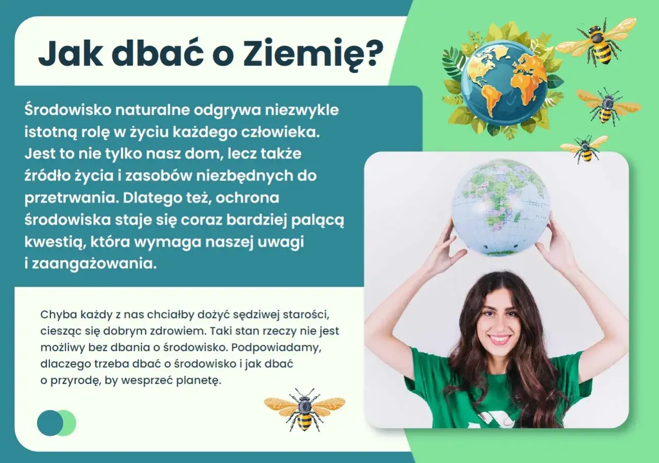 Jak dbać o środowisko? Młoda kobieta z uśmiechem trzyma globus, symbolizując troskę o planetę. Pszczoły i Ziemia w tle podkreślają potrzebę ochrony przyrody.