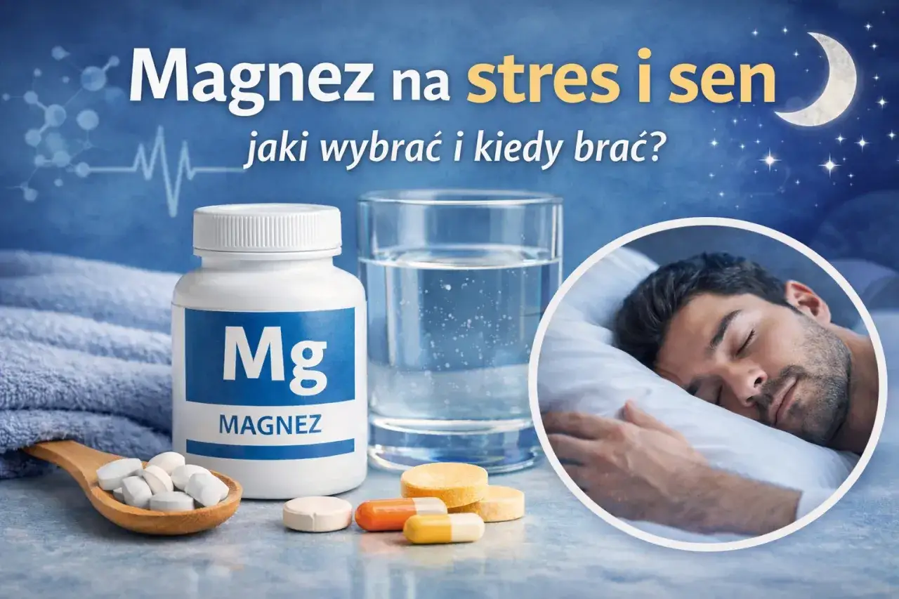 Biała butelka z magnezem, szklanka wody, tabletki i śpiący mężczyzna.