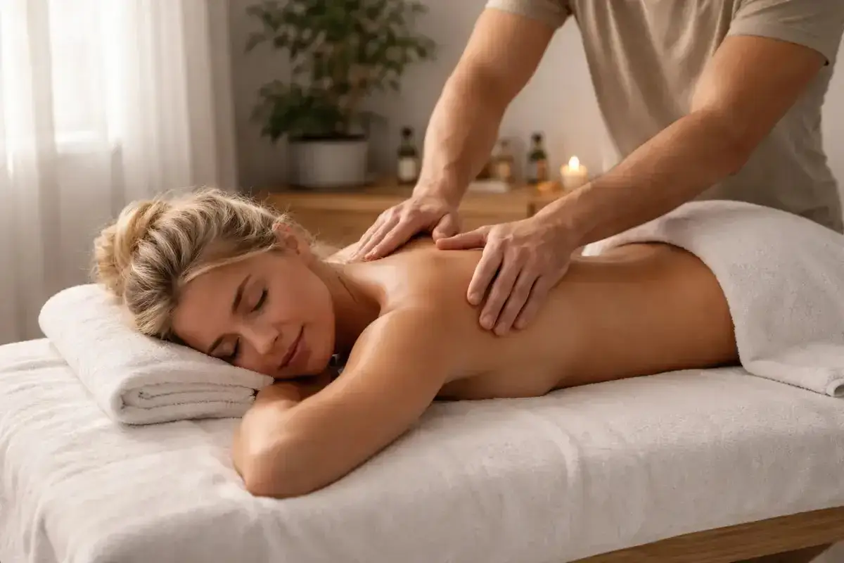 Kobieta leży na stole do masażu, a mężczyzna masuje jej plecy.