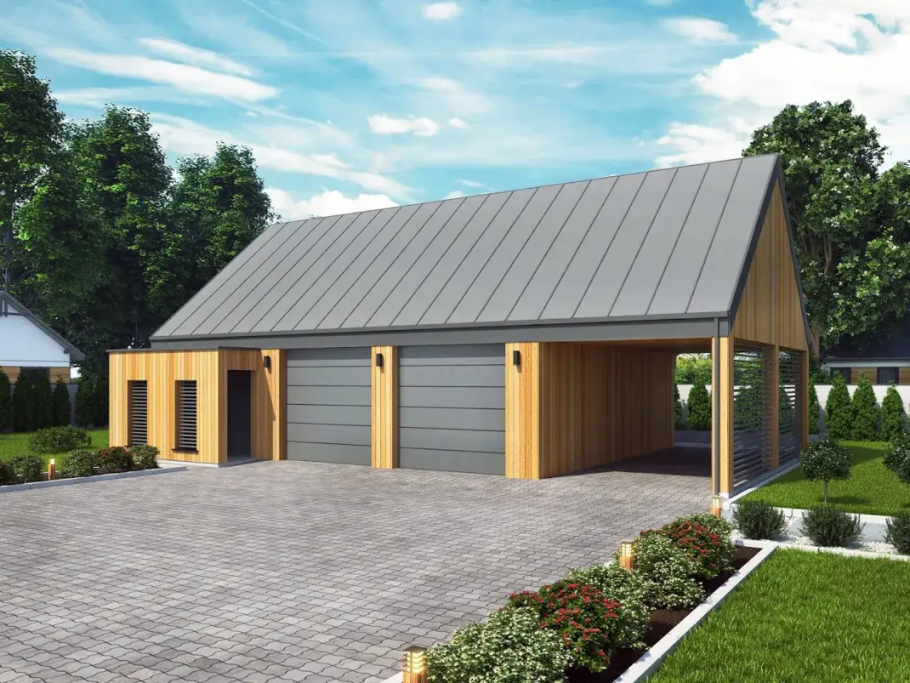 Nowoczesny garaż dwustanowiskowy z pomieszczeniem gospodarczym, z drewnianą elewacją i szarym dachem.