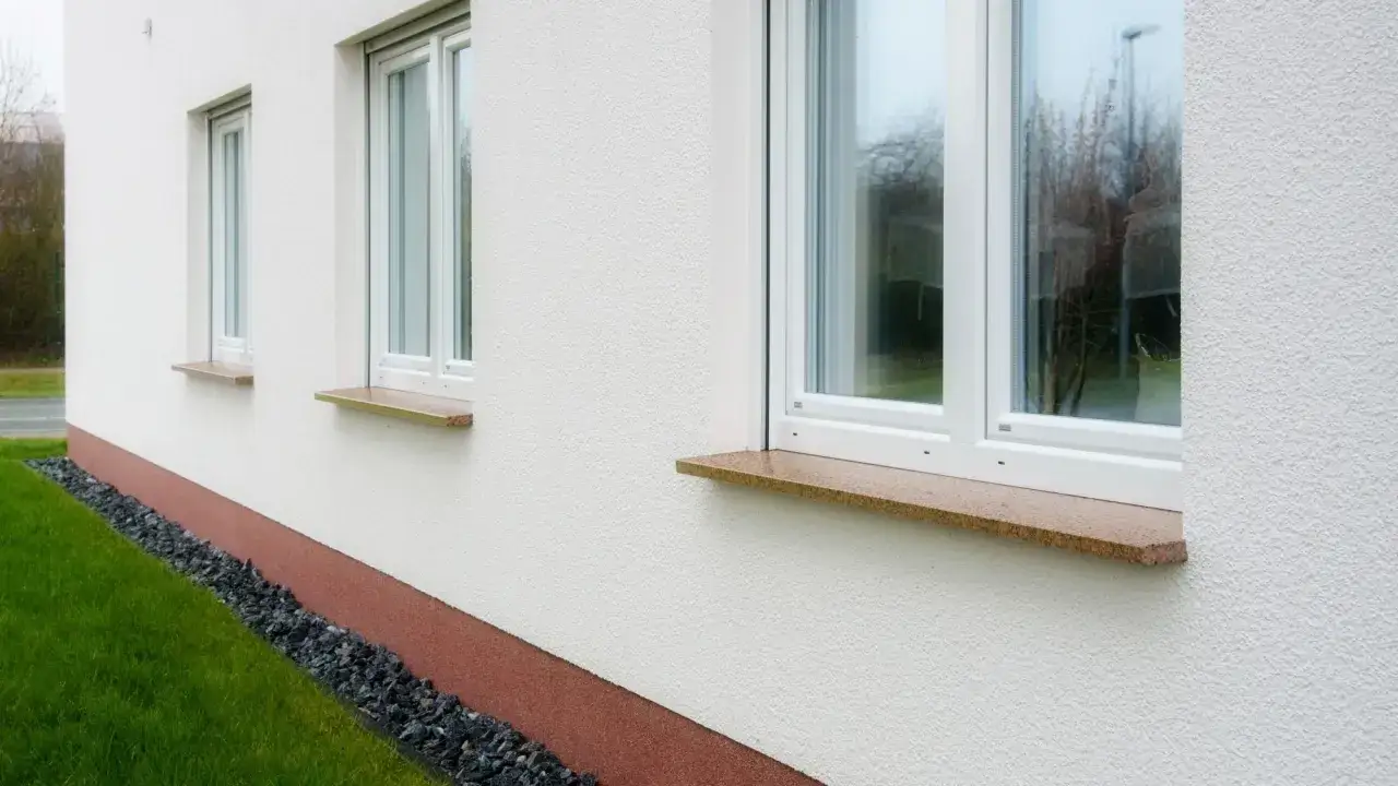 Eleganckie, kamienne parapety przy białym domu. Zastanawiasz się, jak przedłużyć parapet? Ten przykład pokazuje, jak estetycznie można to zrobić.